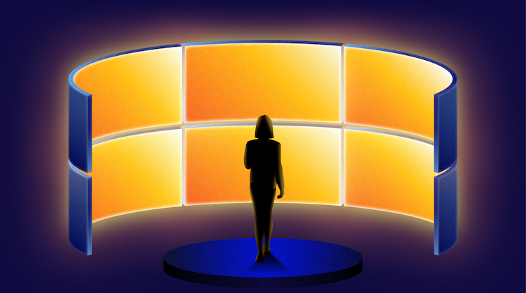 woman in center of wall of screens, illustrating conversational AI systems working across digital channels that can analyze user data and user intent